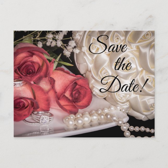 2586-White & Red Roses, Rings, Bouquet, Pearls Invitation Postcard (Front)