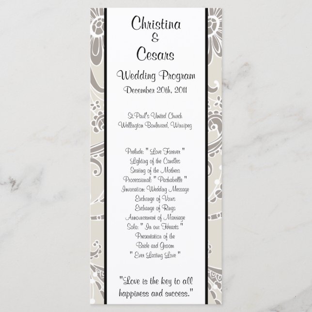25 4 x 9 Wedding Program Gray Flourish Swirls (Front)