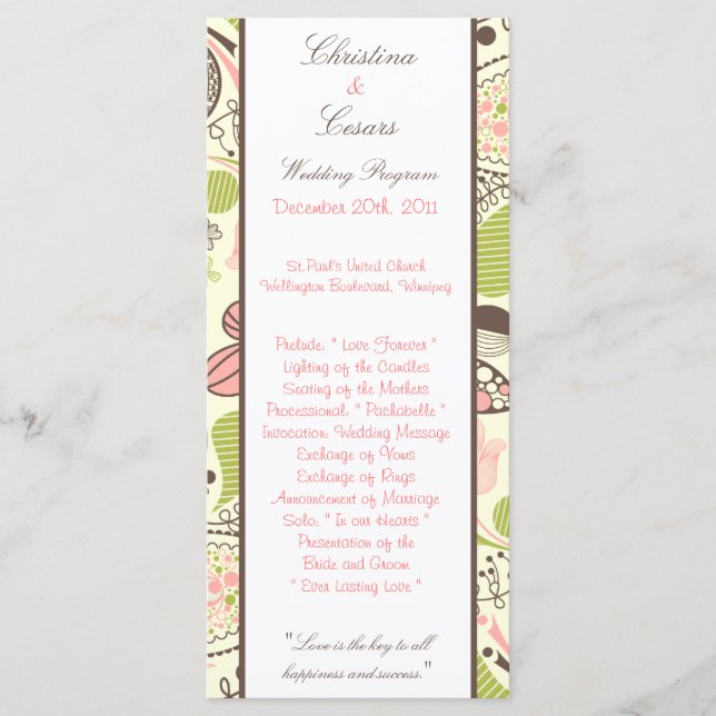25 4 x 9 Wedding Program Spring Pink/Green Floral (Front)
