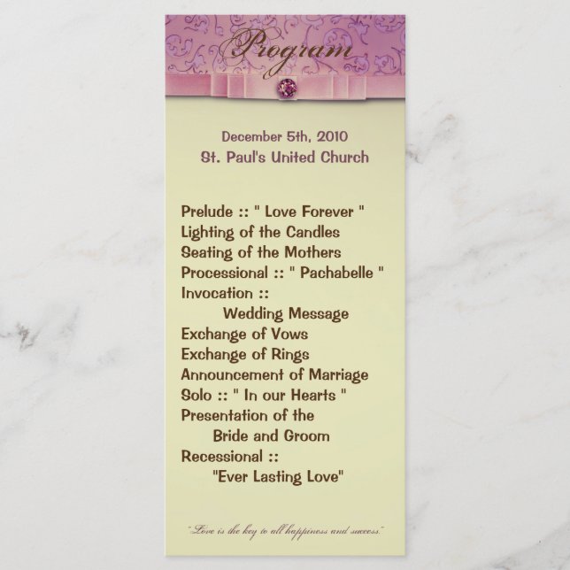 25 4x9 Wedding Program Amethyst Jewel Embossed Pap (Front)