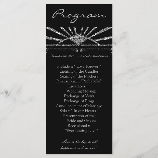 25 4x9 Wedding Program Art Deco Roaring 20s Gatsby (Front)