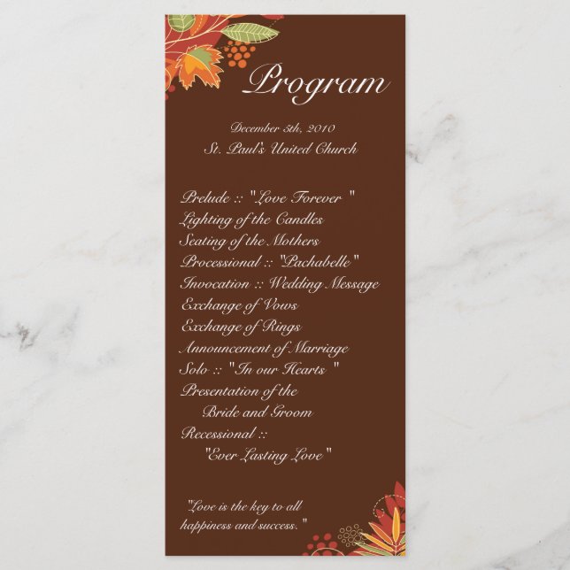 25 4x9 Wedding Program Autumn Leaves Fall Floral (Front)
