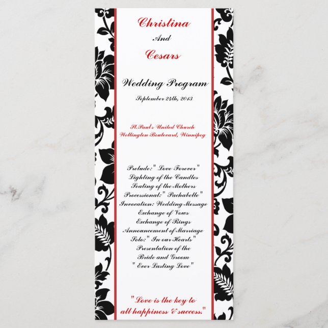 25 4x9 Wedding Program Black Flourish Red Stripe (Front)