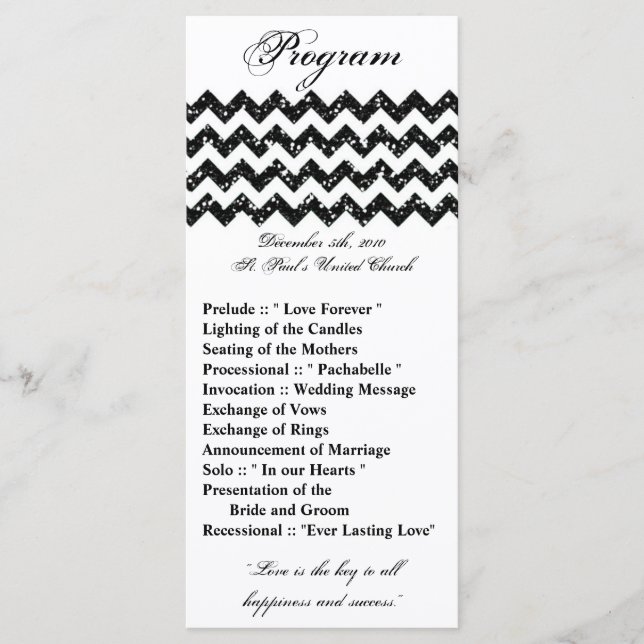 25 4x9 Wedding Program Black Glitter Chevron Zig (Front)