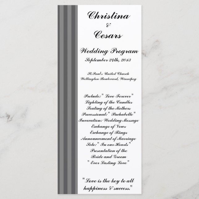 25 4x9 Wedding Program Black Gray Flourish Stripes (Front)