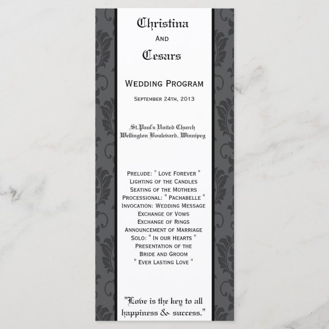 25 4x9 Wedding Program Black Gray Formal Gothic Pr (Front)