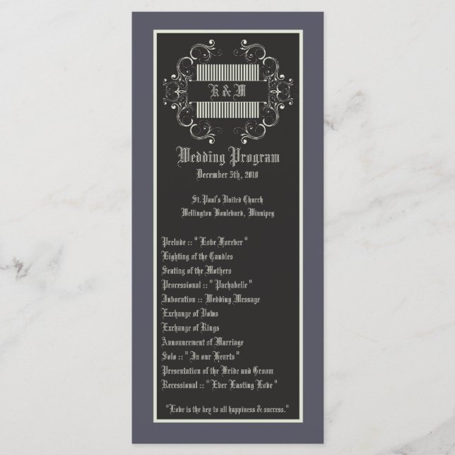 25 4x9 Wedding Program Black Tie Affair Filigree (Front)