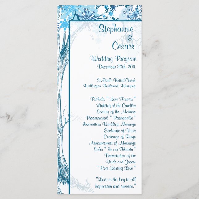 25 4x9 Wedding Program Blue Tree / Snowflakes (Front)
