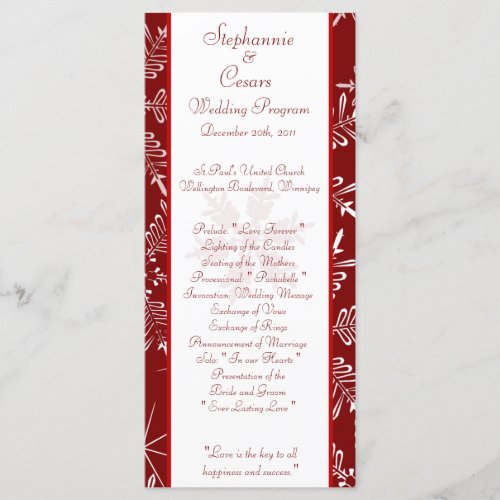 25 4x9 Wedding Program Christmas Red Snowflakes