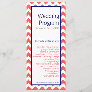 25 4x9 Wedding Program Coral Navy Blue Chevron Nam