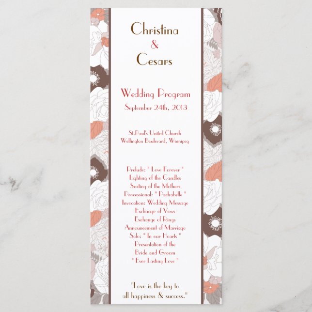 25 4x9 Wedding Program Coral Pink Brown Floral Flo (Front)