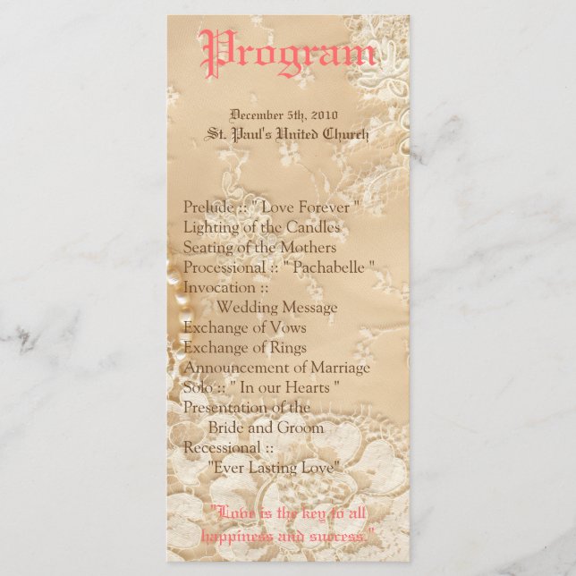 25 4x9 Wedding Program Country Lace Victorian Vint (Front)