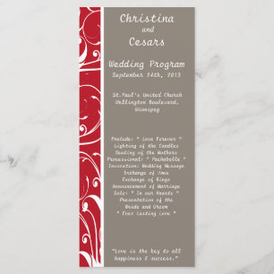 25 4x9 Wedding Program Crimson Red Gray Bg White S