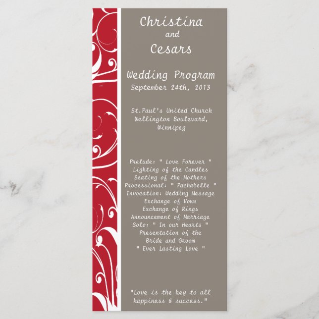 25 4x9 Wedding Program Crimson Red Gray Bg White S (Front)