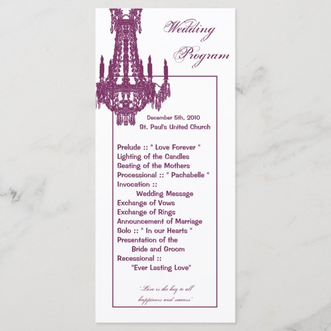 25 4x9 Wedding Program Crystal Chandelier Glitz (Front)