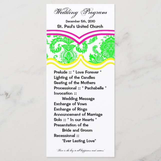 25 4x9 Wedding Program Damask Lace Print Pattern (Front)