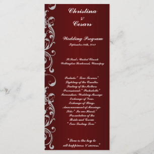 25 4x9 Wedding Program Dark Maroon Gray Swirls Red