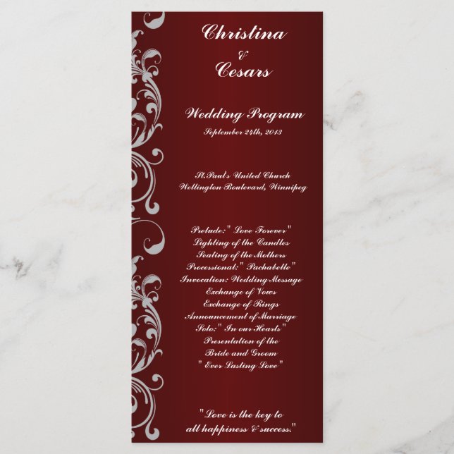 25 4x9 Wedding Program Dark Maroon Gray Swirls Red (Front)
