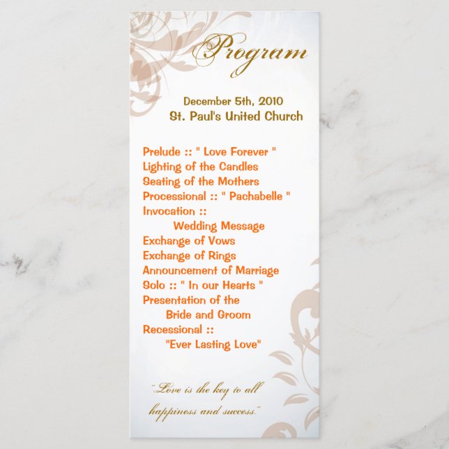 25 4x9 Wedding Program Fall Filigree Autumn Swirl (Front)