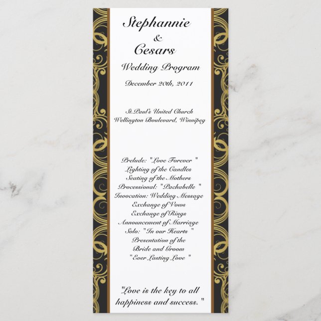 25 4x9 Wedding Program Gold and Black Damask (Front)