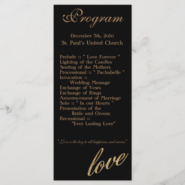 25 4x9 Wedding Program Gold Foil Glitter Love (Front)