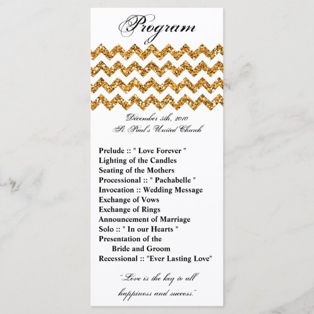25 4x9 Wedding Program Gold Glitter Chevron Zig (Front)