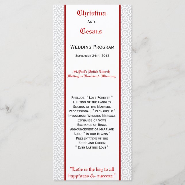 25 4x9 Wedding Program Gray Red Formal Print (Front)
