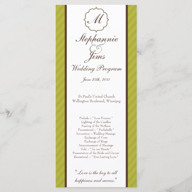 25 4x9 Wedding Program Green and Brown Damask (Front)