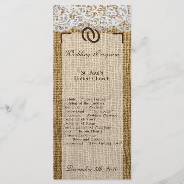 25 4x9 Wedding Program Horse Shoes on Burlap Lace (Front)
