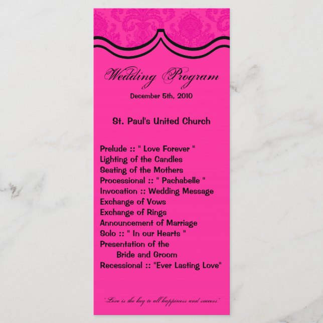 25 4x9 Wedding Program Hot Pink Black Damask Lace (Front)
