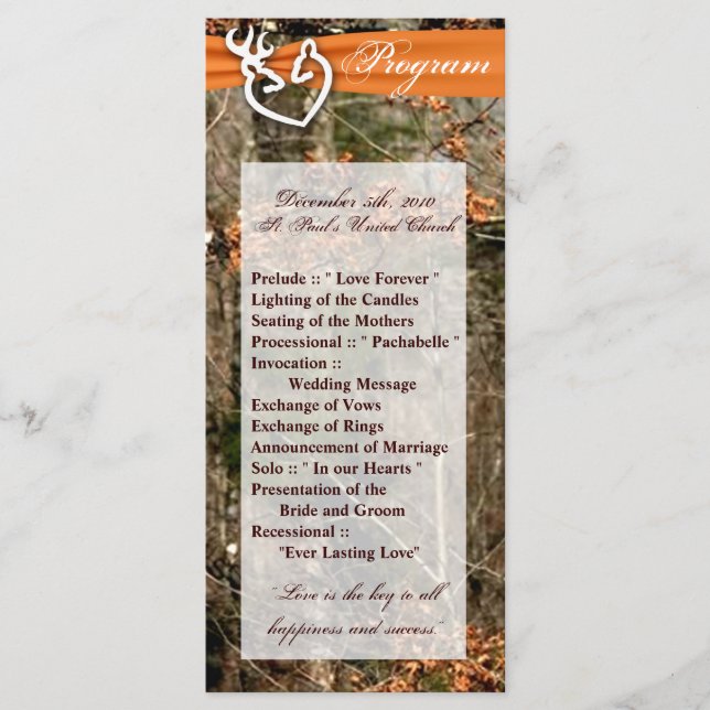 25 4x9 Wedding Program Hunting Deer Doe Buck Camo (Front)