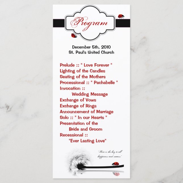 25 4x9 Wedding Program Lady Bug Dandilion Flower (Front)