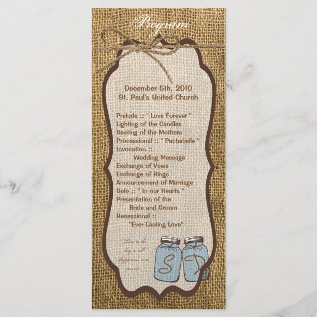 25 4x9 Wedding Program Mason Jar Burlap Country Ru (Front)