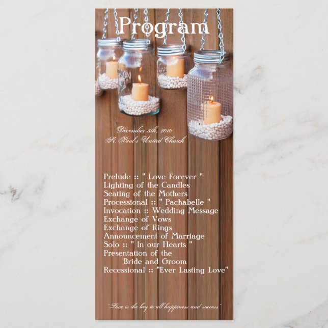 25 4x9 Wedding Program Mason Jar Candle Lights (Front)