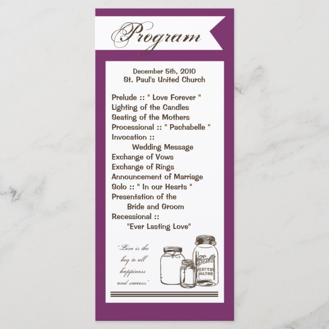 25 4x9 Wedding Program Mason Jar Country Rustic (Front)