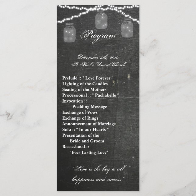 25 4x9 Wedding Program Mason Jar String Lights Cha (Front)