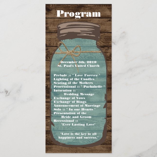25 4x9 Wedding Program Mason Jar Wood Country (Front)