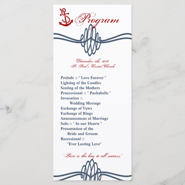 25 4x9 Wedding Program Navy Nautical Knot Anchor (Front)