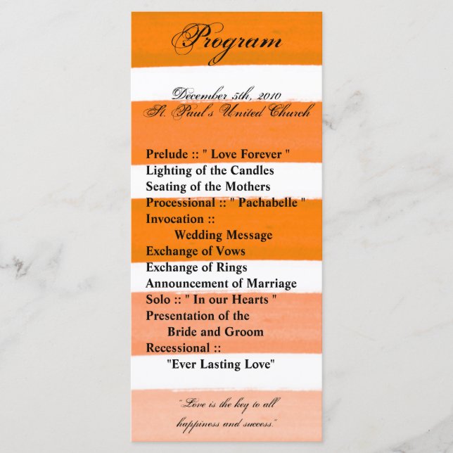 25 4x9 Wedding Program Ombre Stripe Orane Line Fad (Front)