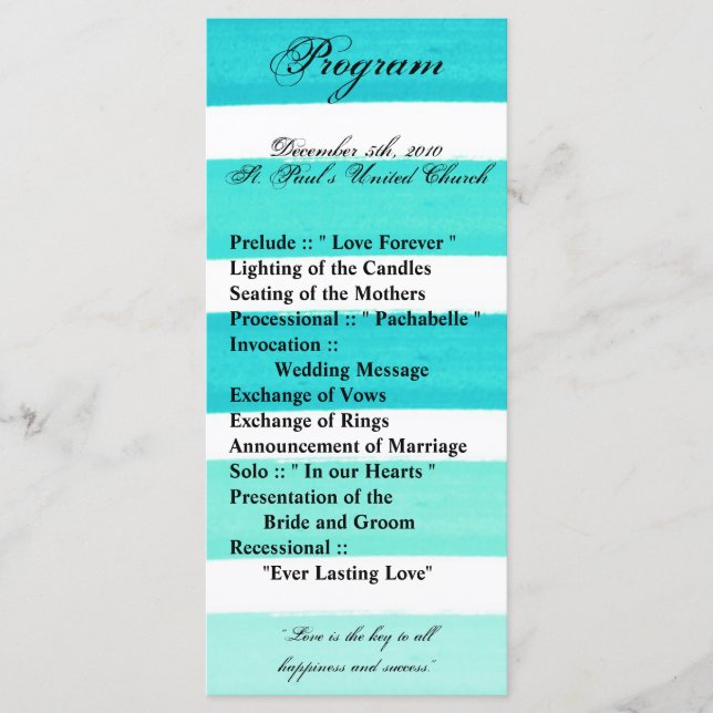 25 4x9 Wedding Program Ombre Stripe Teal Line (Front)