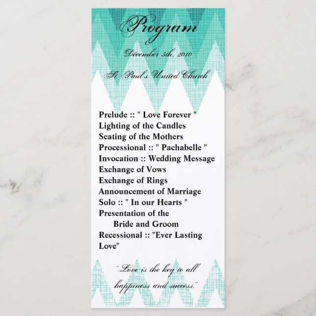 25 4x9 Wedding Program Ombre Teal Chevron (Front)