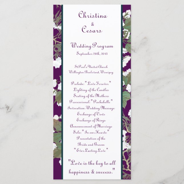 25 4x9 Wedding Program Peacock/Flowers on Branches (Front)