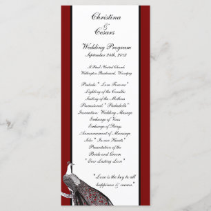 25 4x9 Wedding Program Peacock Red Black White