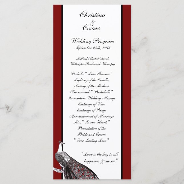 25 4x9 Wedding Program Peacock Red Black White (Front)