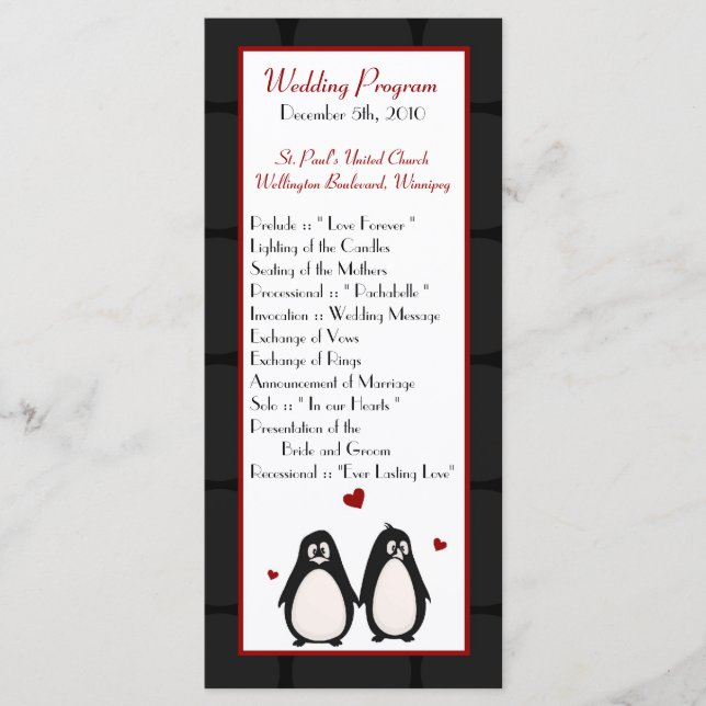 25 4x9 Wedding Program Penguin Love Couple Mate fo (Front)