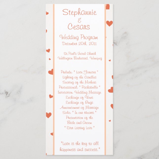 25 4x9 Wedding Program Penguin Love/Hearts Peach (Front)