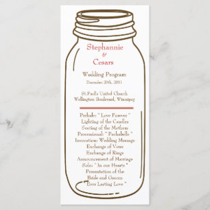 25 4x9 Wedding Program Pink/Brown Mason Jar
