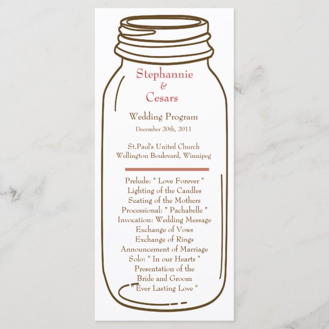 25 4x9 Wedding Program Pink/Brown Mason Jar (Front)