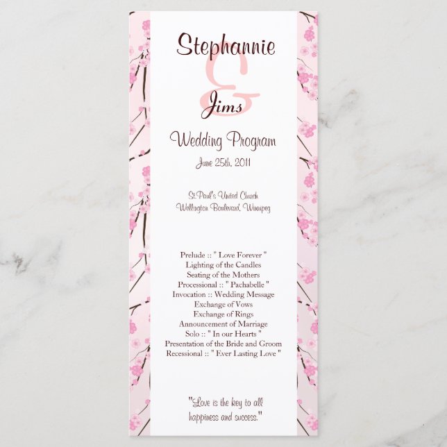 25 4x9 Wedding Program Pink Cherry Blossom (Front)