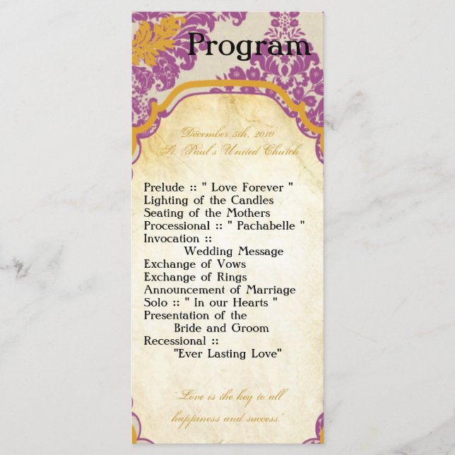 25 4x9 Wedding Program Purple Gold Damask Lace Pri (Front)